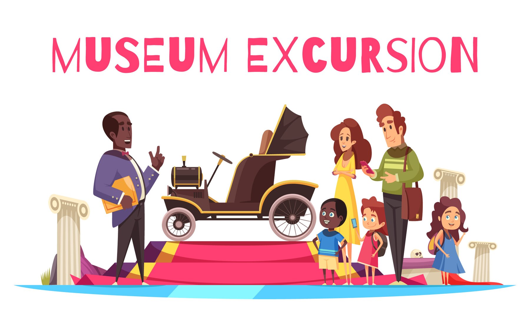 Museum excursion. Excursions illustration. Transport to the Museum Excursion time ticket Price Special Exhibition.